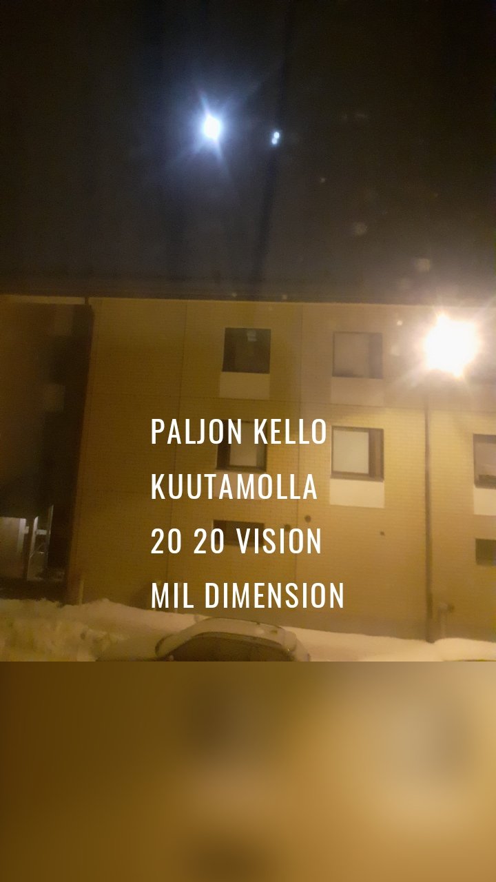Paljon kello
Kuutamolla
20 20 vision
Mil dimension

